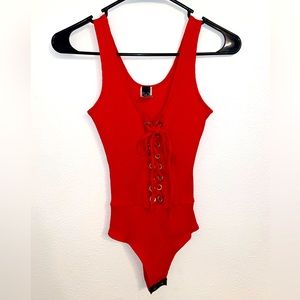 Red Lace Up Bodysuit Tank